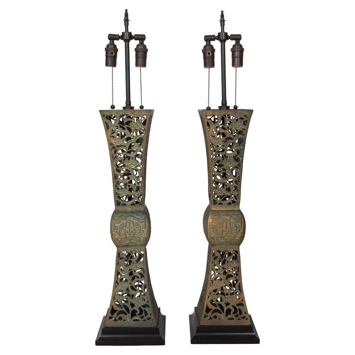 Pair of openwork patinated bronze table lamps
