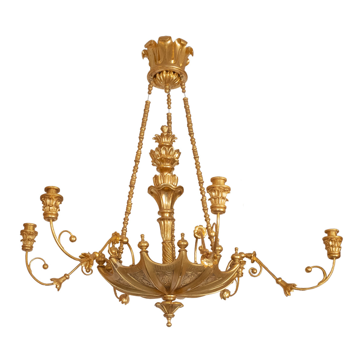 Giltwood umbrella motif chandelier by Carlos Villegas