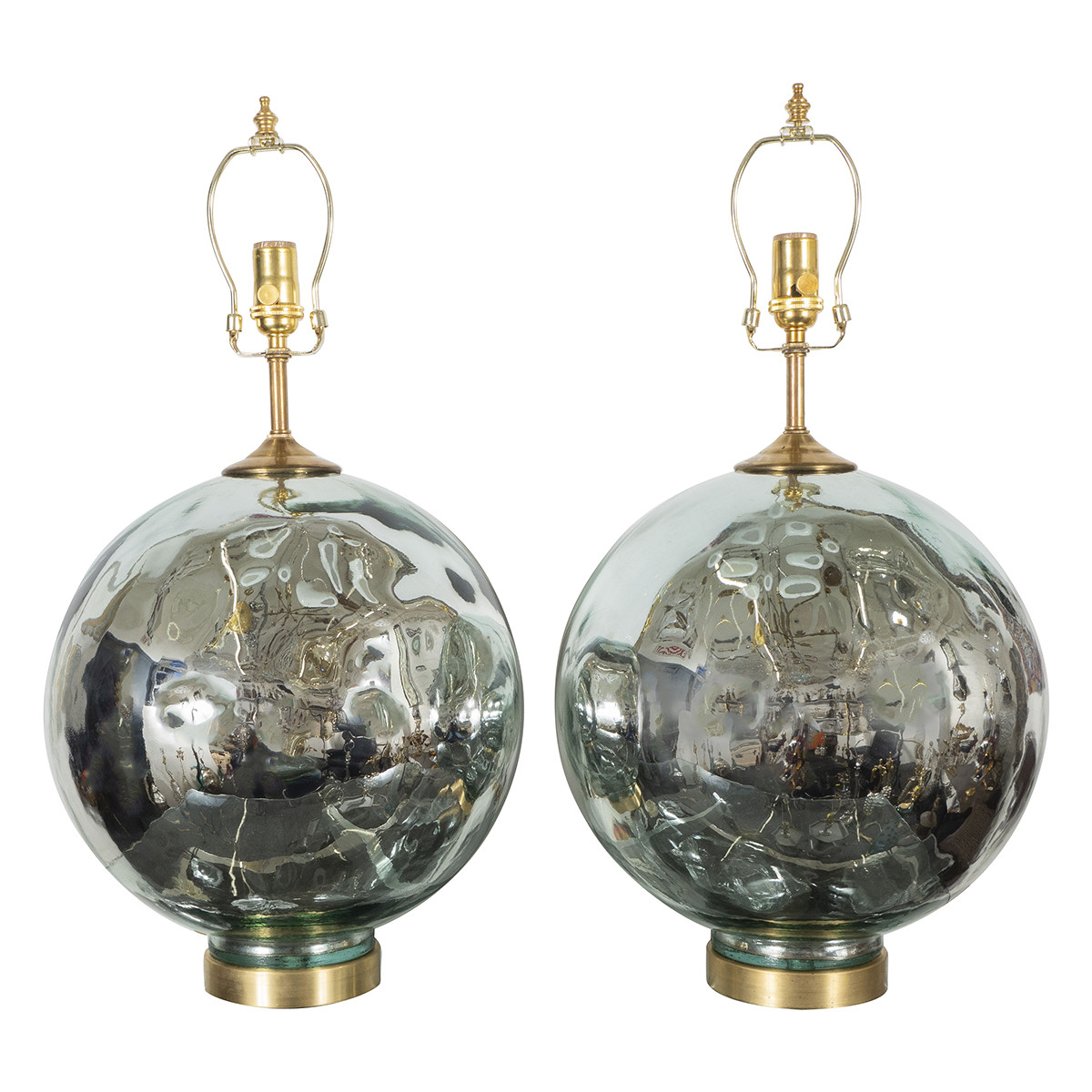 Pair of blue-tinted spherical mercury glass lamps