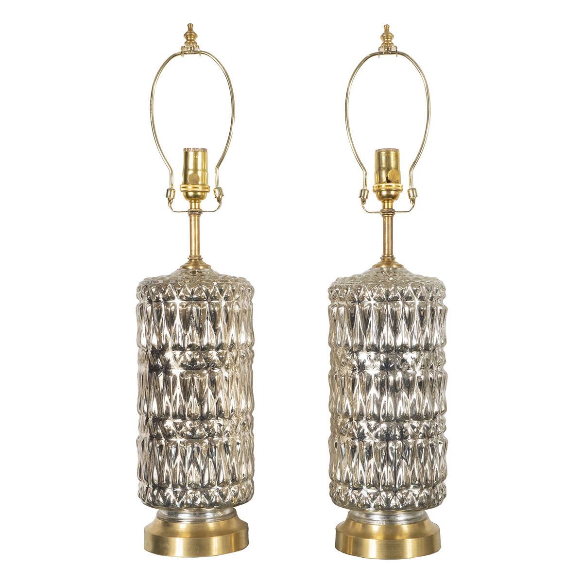 Pair of diamond patterned mercury glass lamps